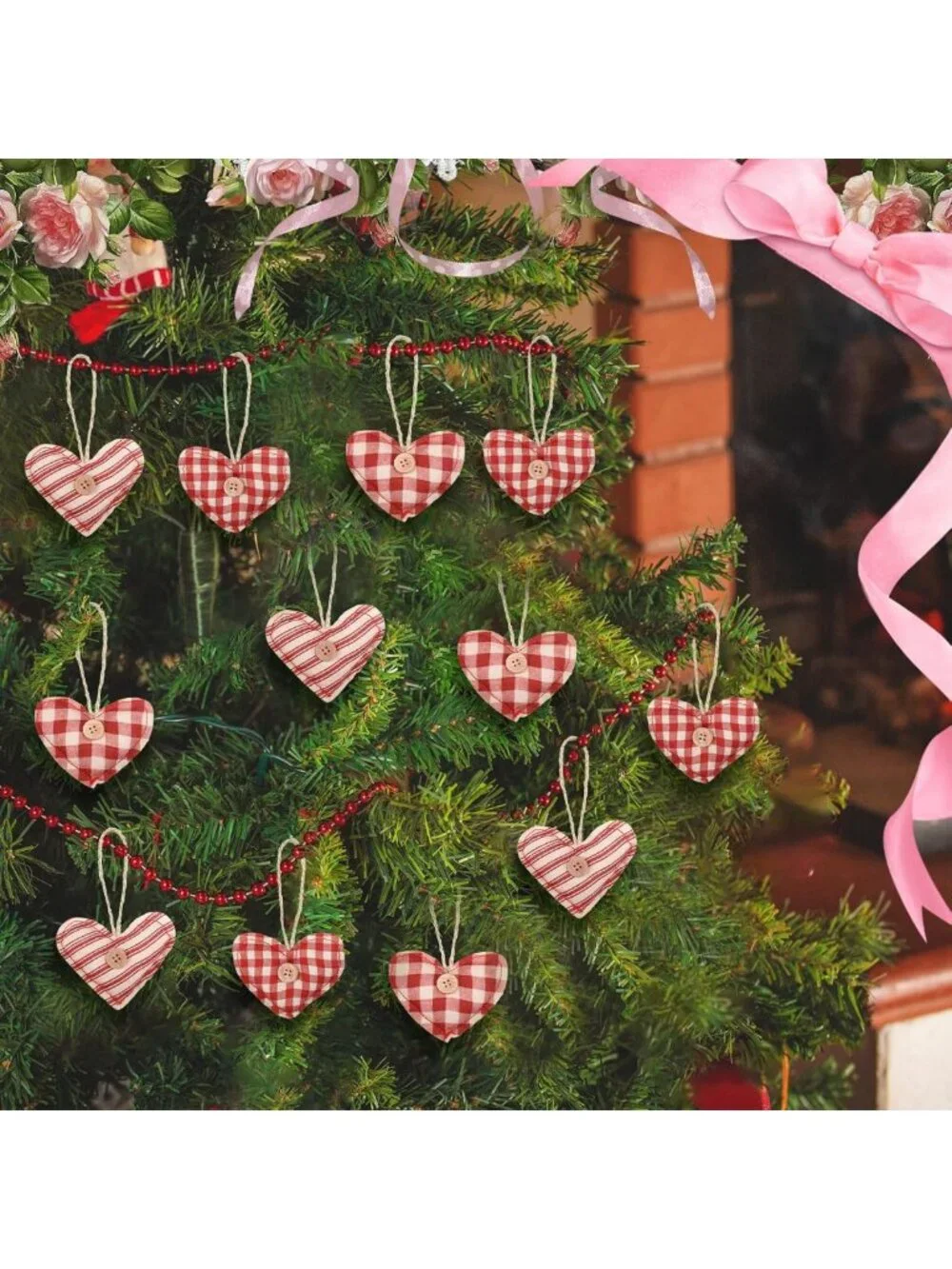 12 Pcs Vintage Heart Ornaments | Rustic Buffalo Plaid Hanging Decor for